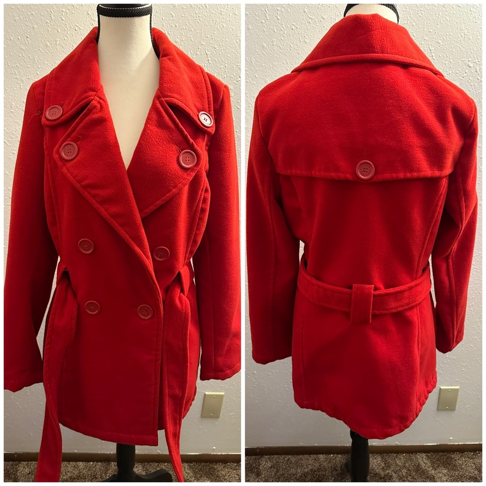 Deep Red Wool Blend Pea Coat